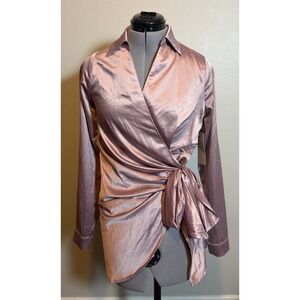 Big Water Blue Sky S Pink Satin Wrap‎ Blouse Tie Front Y2K Chic Romance Ballet